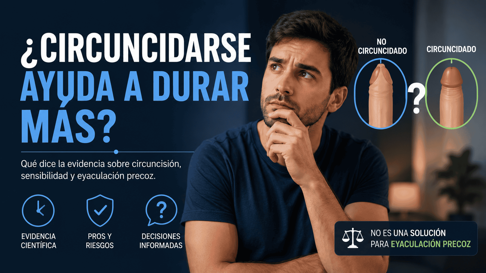 Hombre reflexionando sobre la circuncisión, la sensibilidad y el control eyaculatorio