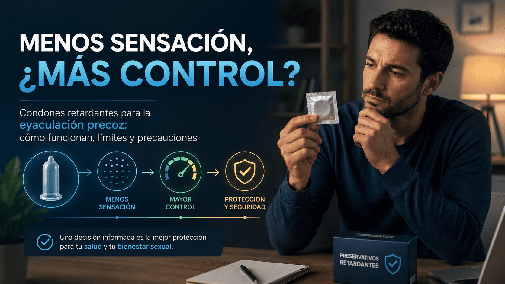 Hombre evaluando el uso de condones retardantes para reducir la sensibilidad y prolongar la eyaculación