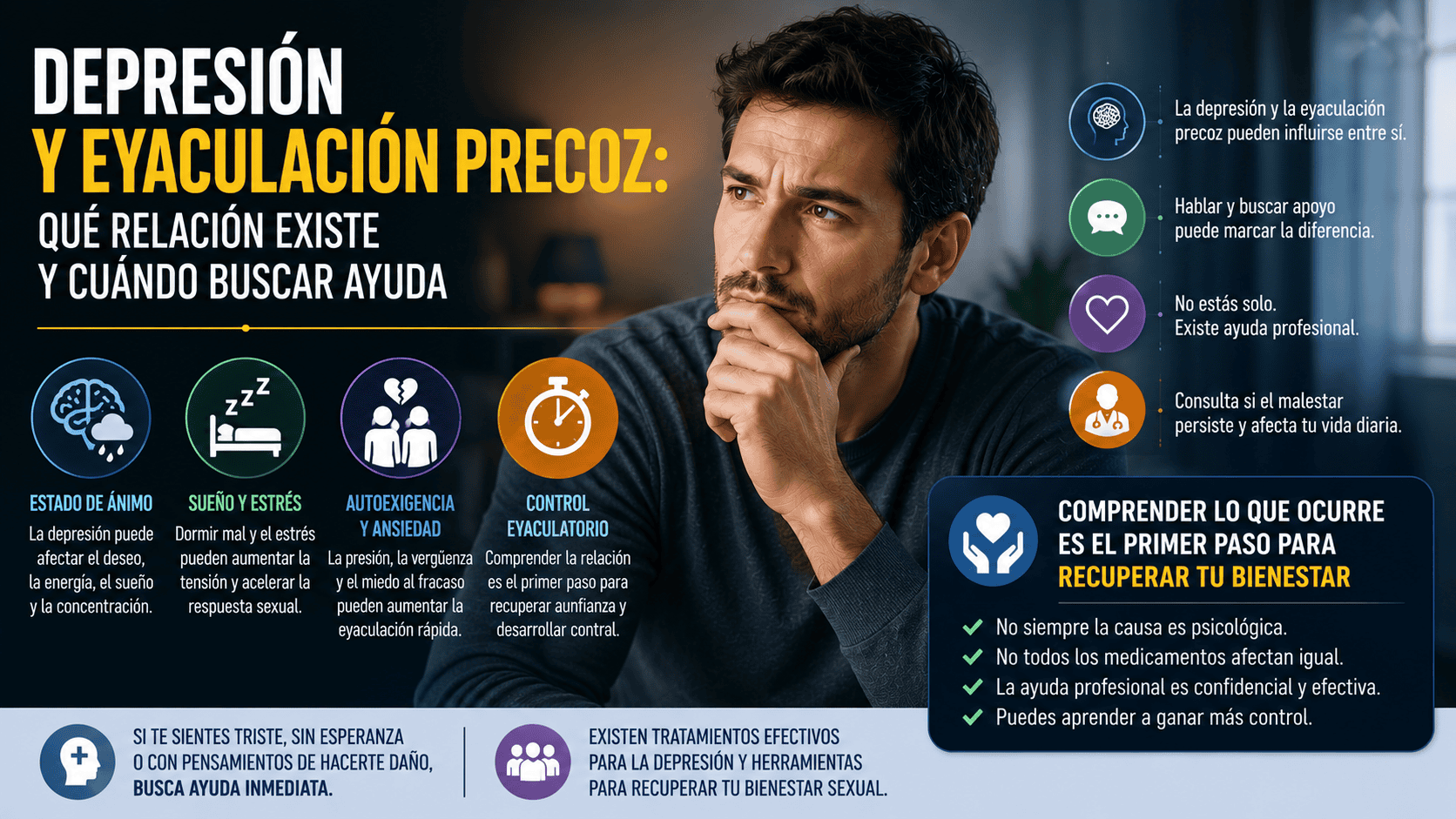 Hombre reflexionando sobre la relación entre estado de ánimo, bienestar emocional y control eyaculatorio