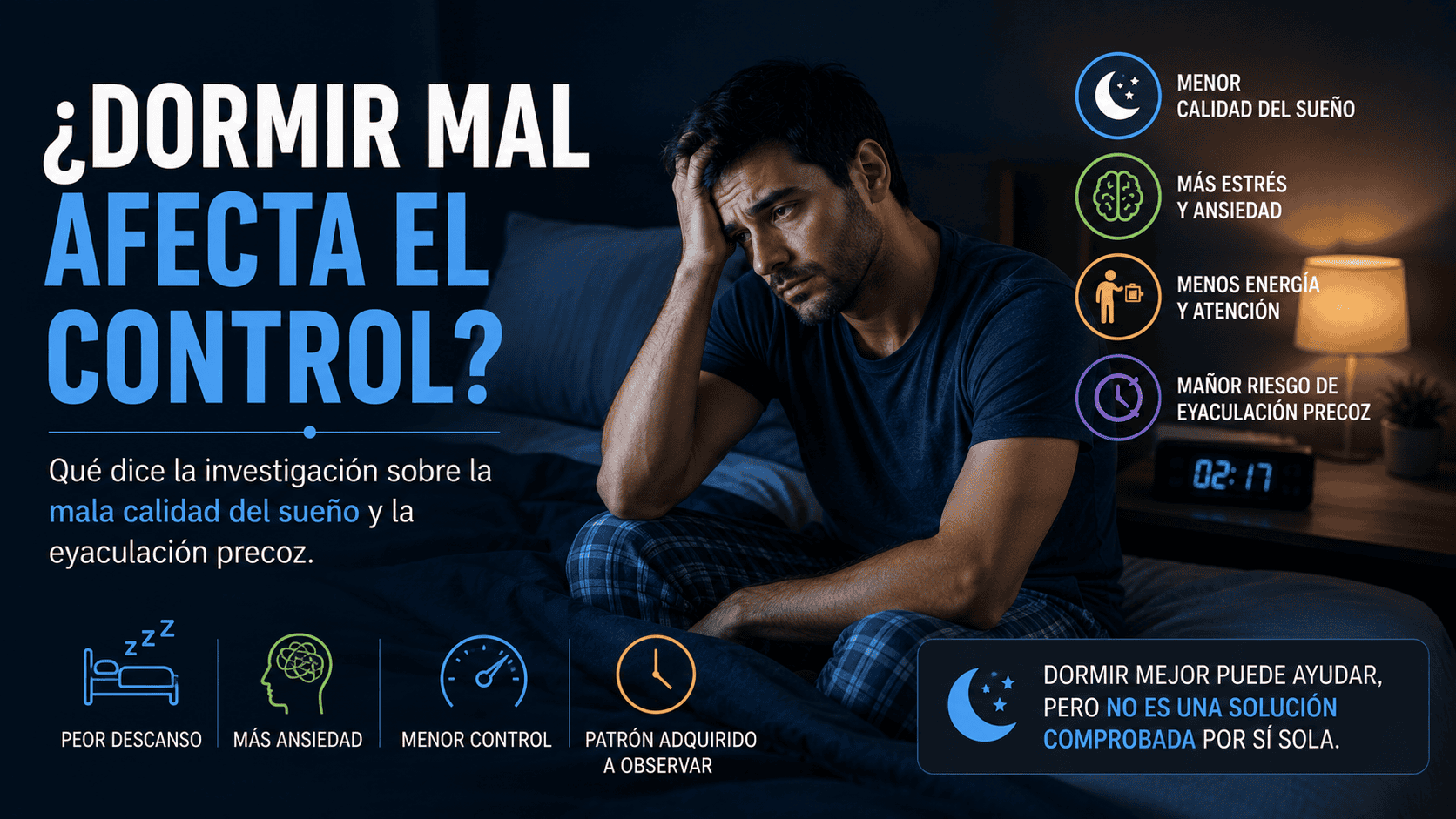 Hombre con dificultad para dormir reflexionando sobre la relación entre el sueño y el control eyaculatorio