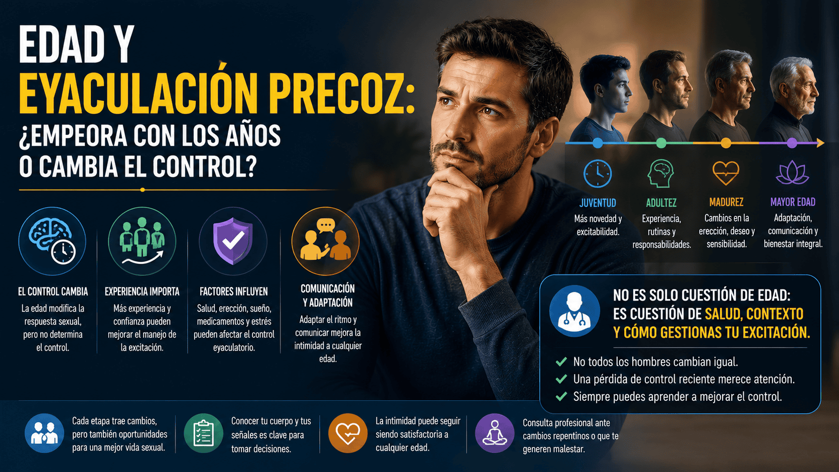 Hombre reflexionando sobre cómo la edad, la salud y el contexto pueden influir en el control eyaculatorio