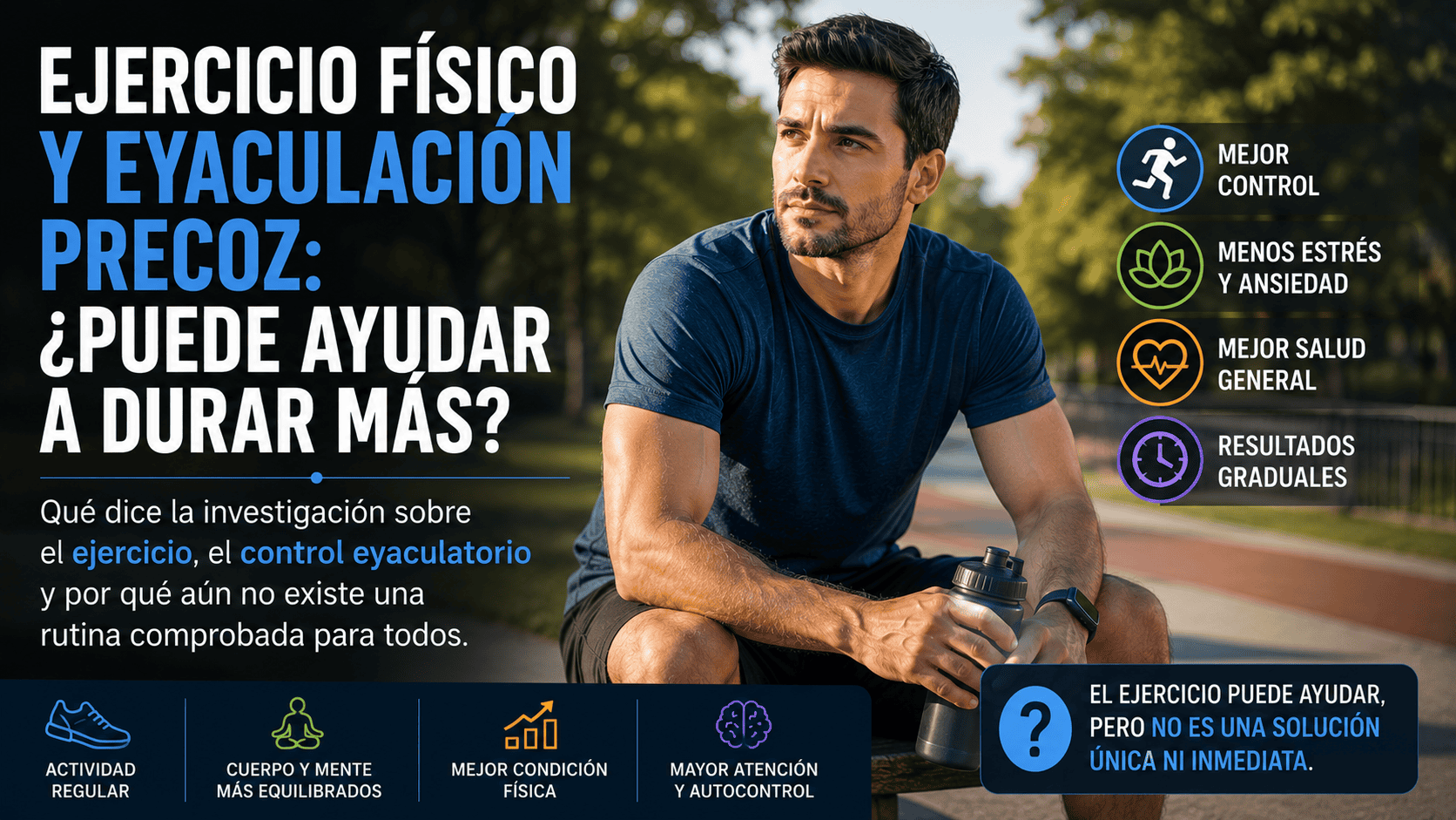 Hombre descansando después de hacer ejercicio junto a información educativa sobre actividad física y control eyaculatorio