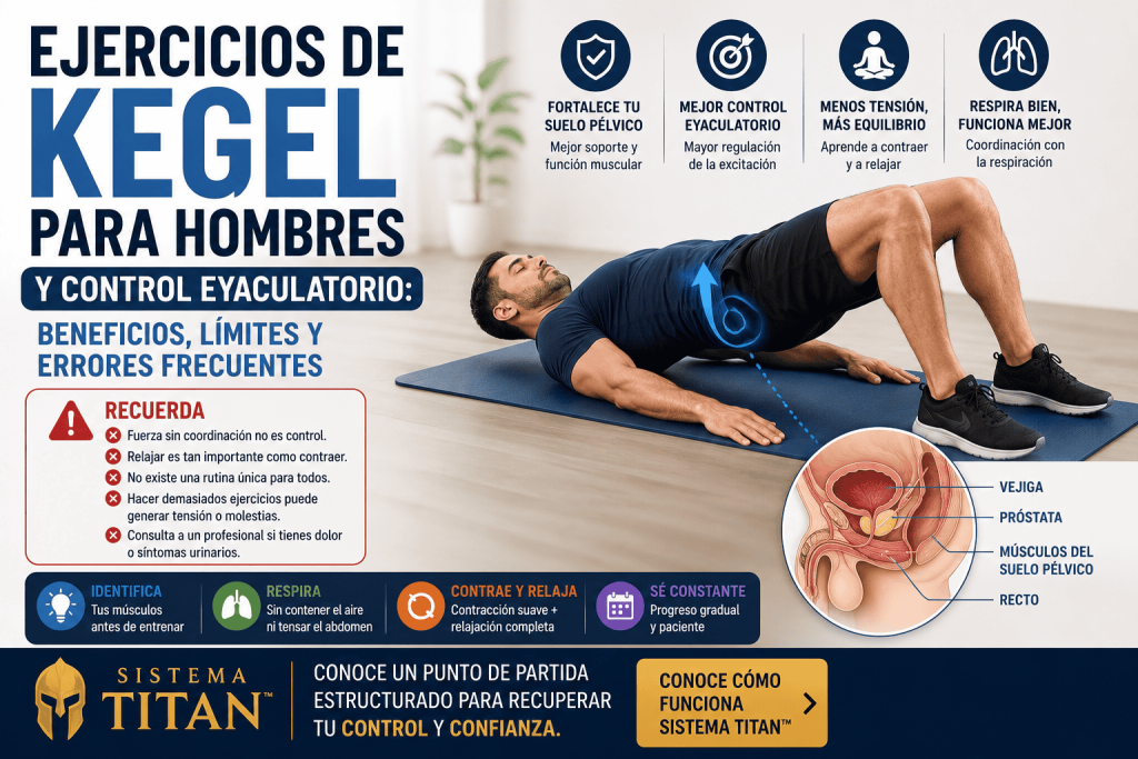 Hombre realizando ejercicios de suelo pélvico con información educativa sobre Kegel y control eyaculatorio