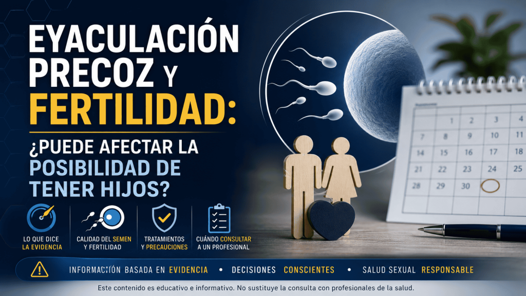 Imagen educativa sobre eyaculación precoz y fertilidad masculina, con referencia a evidencia, calidad seminal y evaluación profesional