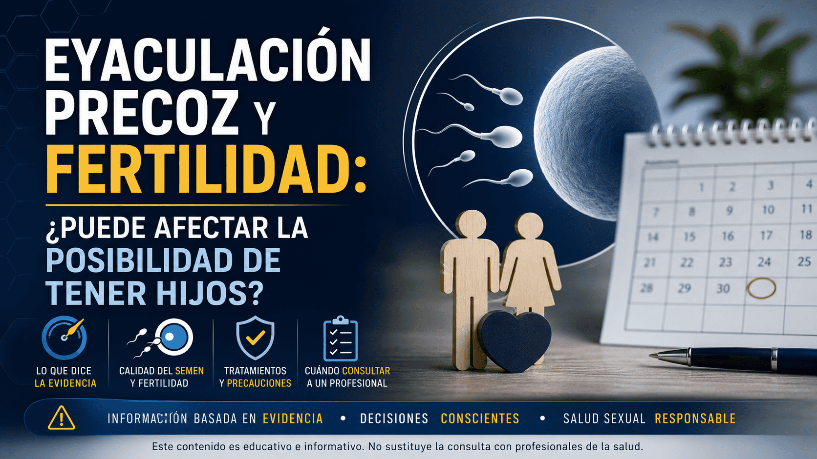 Imagen educativa sobre eyaculación precoz y fertilidad masculina, con referencia a evidencia, calidad seminal y evaluación profesional