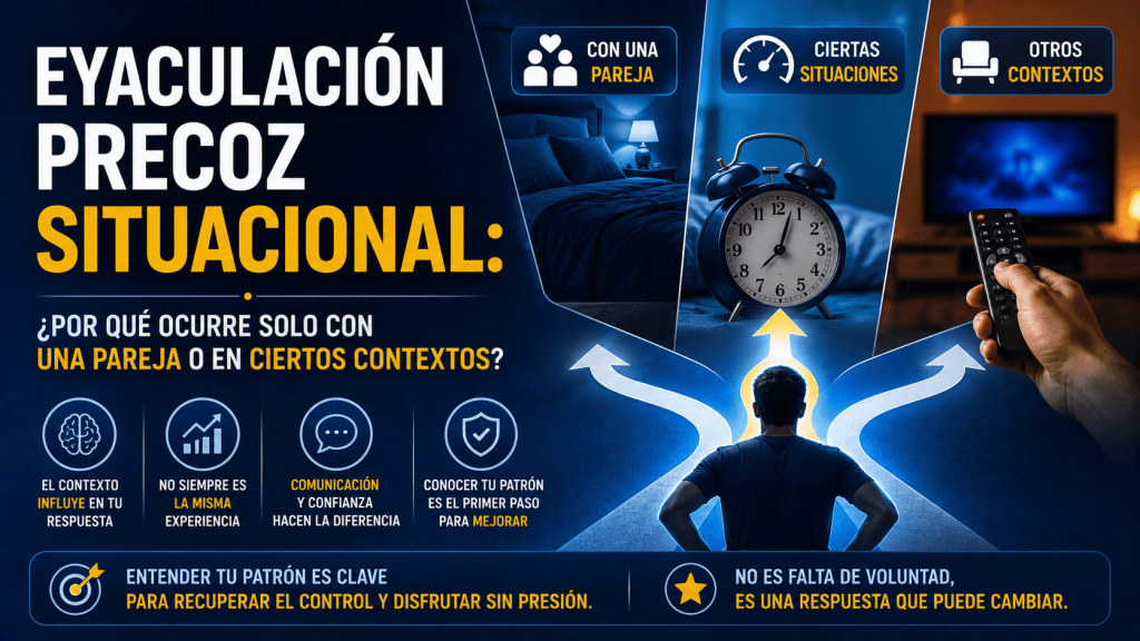 Imagen educativa sobre eyaculación precoz situacional y cómo la respuesta puede cambiar según la pareja, la estimulación o el contexto