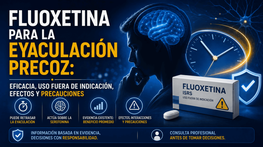 Imagen educativa sobre fluoxetina y eyaculación precoz, su posible efecto retardante, uso fuera de indicación, evidencia y precauciones