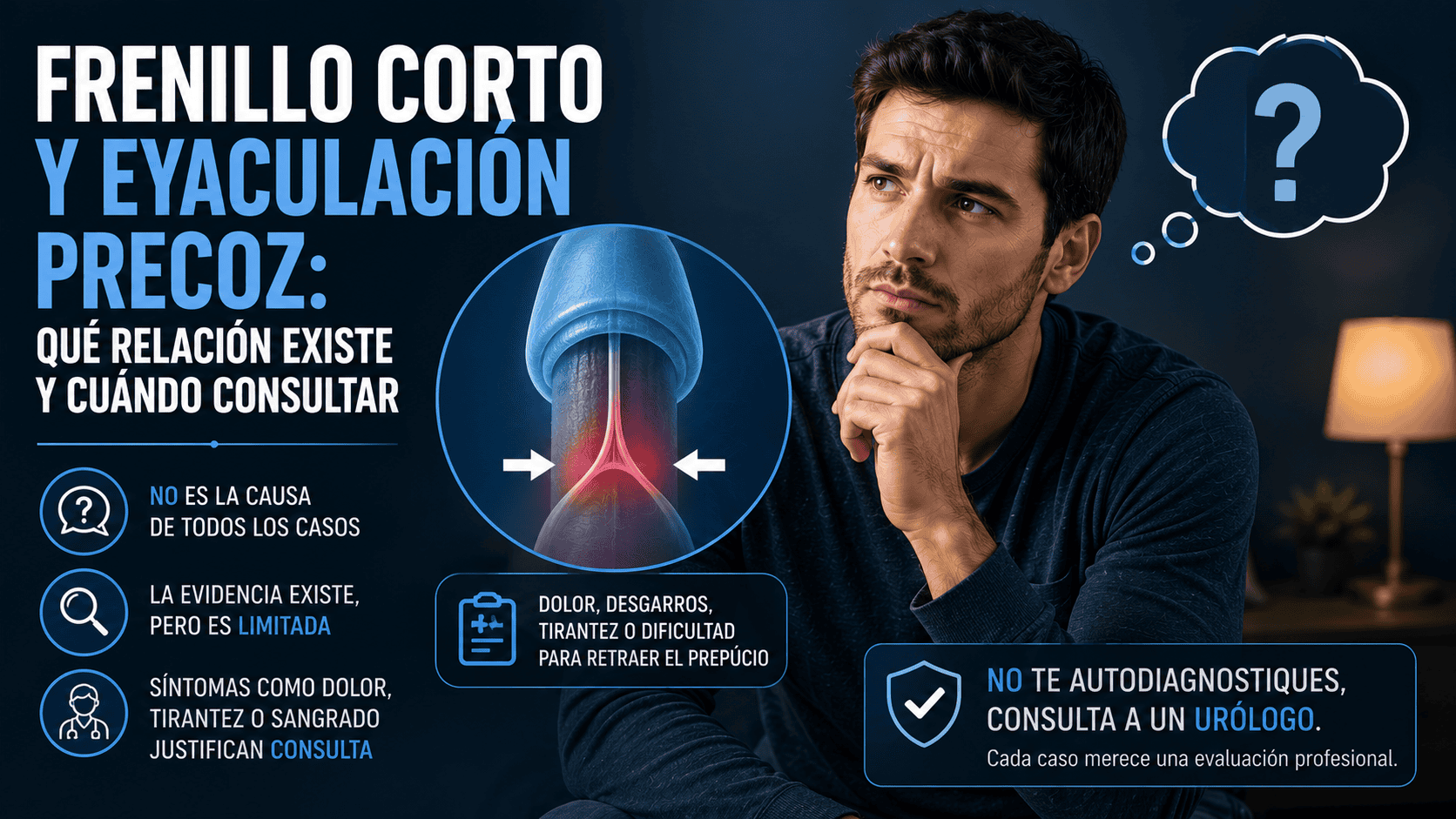 Hombre reflexionando junto a una representación educativa del frenillo y sus posibles síntomas
