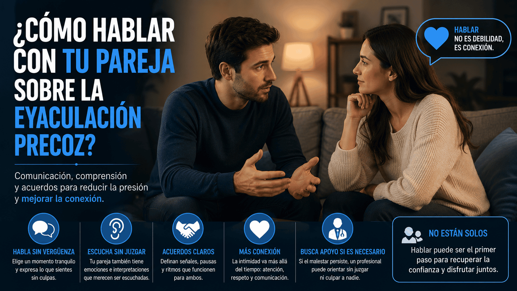 Pareja conversando con calma sobre la eyaculación precoz, la comunicación y los acuerdos durante la intimidad