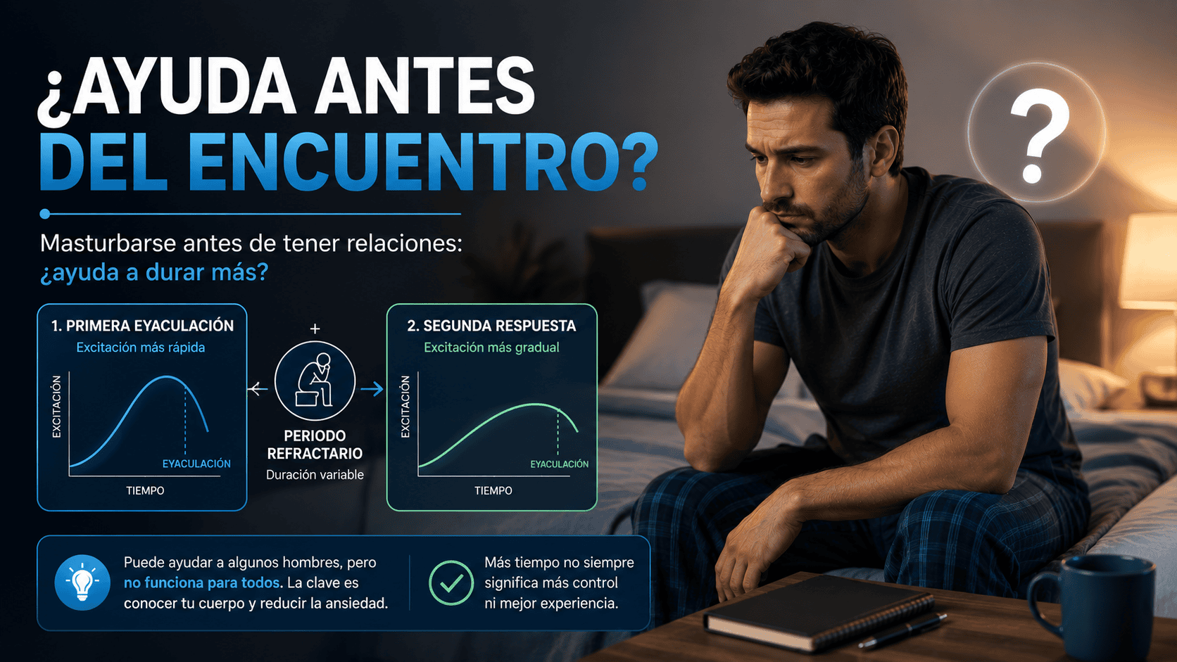 Hombre reflexionando sobre si masturbarse antes de tener relaciones puede ayudar a durar más