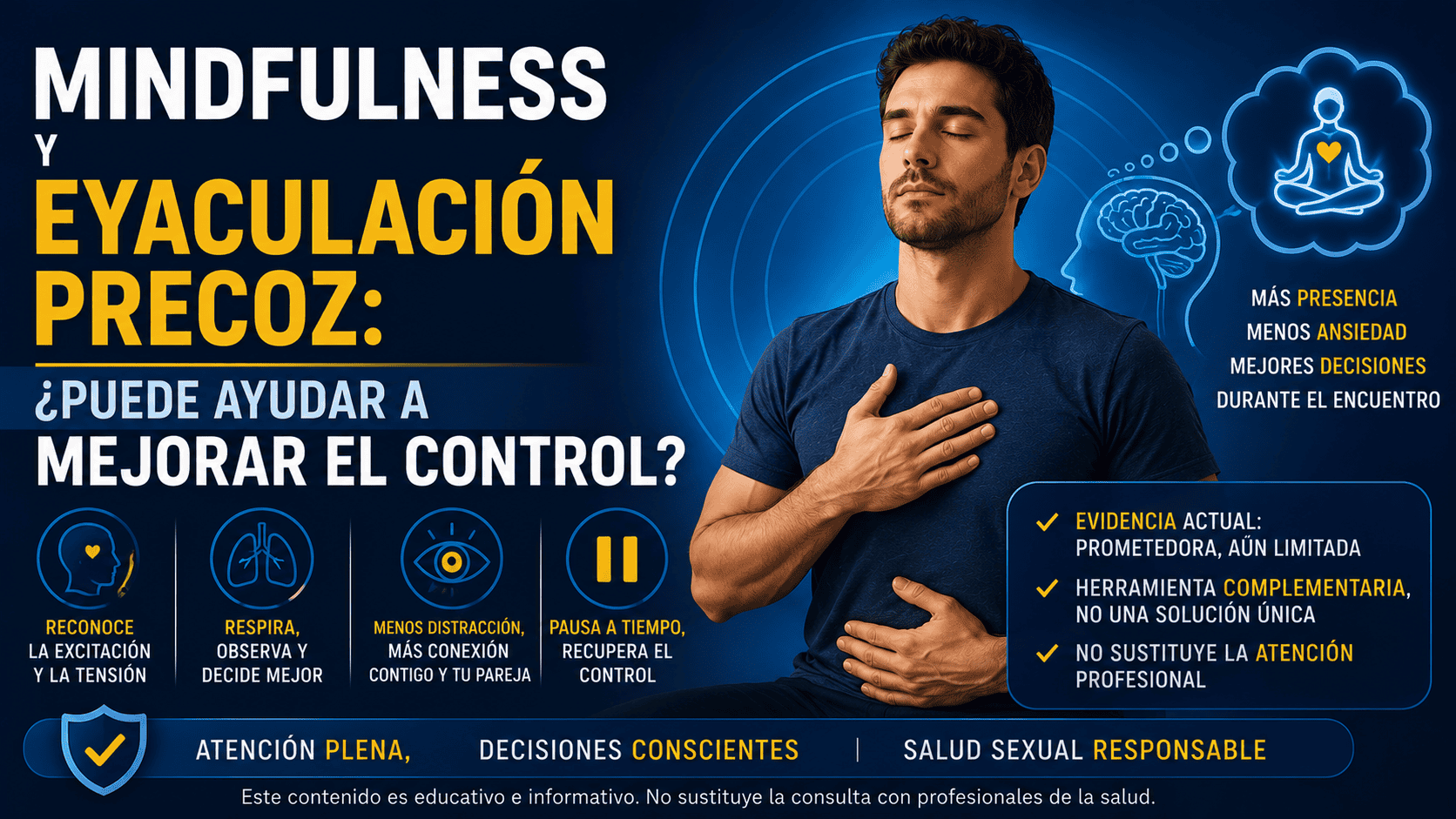 Hombre practicando atención plena como herramienta complementaria para reconocer la excitación, la tensión y la ansiedad asociadas con la eyaculación precoz