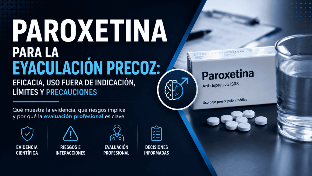 Imagen educativa sobre paroxetina y eyaculación precoz, con énfasis en evidencia, precauciones y evaluación profesional