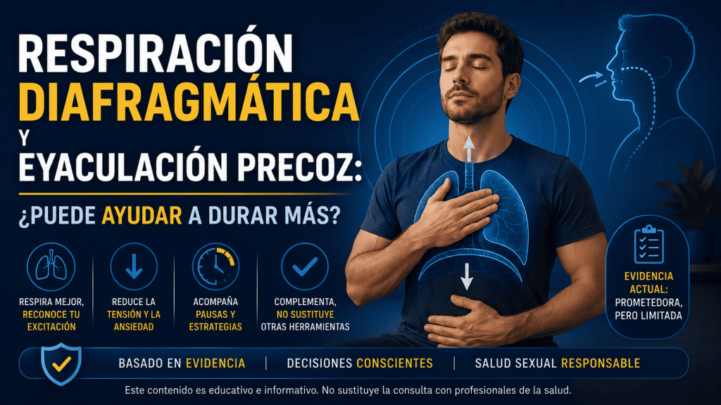 Hombre practicando respiración diafragmática como herramienta complementaria para reconocer la excitación y reducir la tensión asociada con la eyaculación precoz