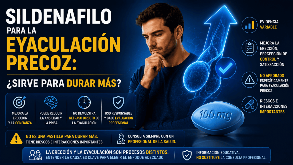 Imagen educativa sobre sildenafilo y eyaculación precoz, con énfasis en la diferencia entre erección, control eyaculatorio, evidencia y precauciones