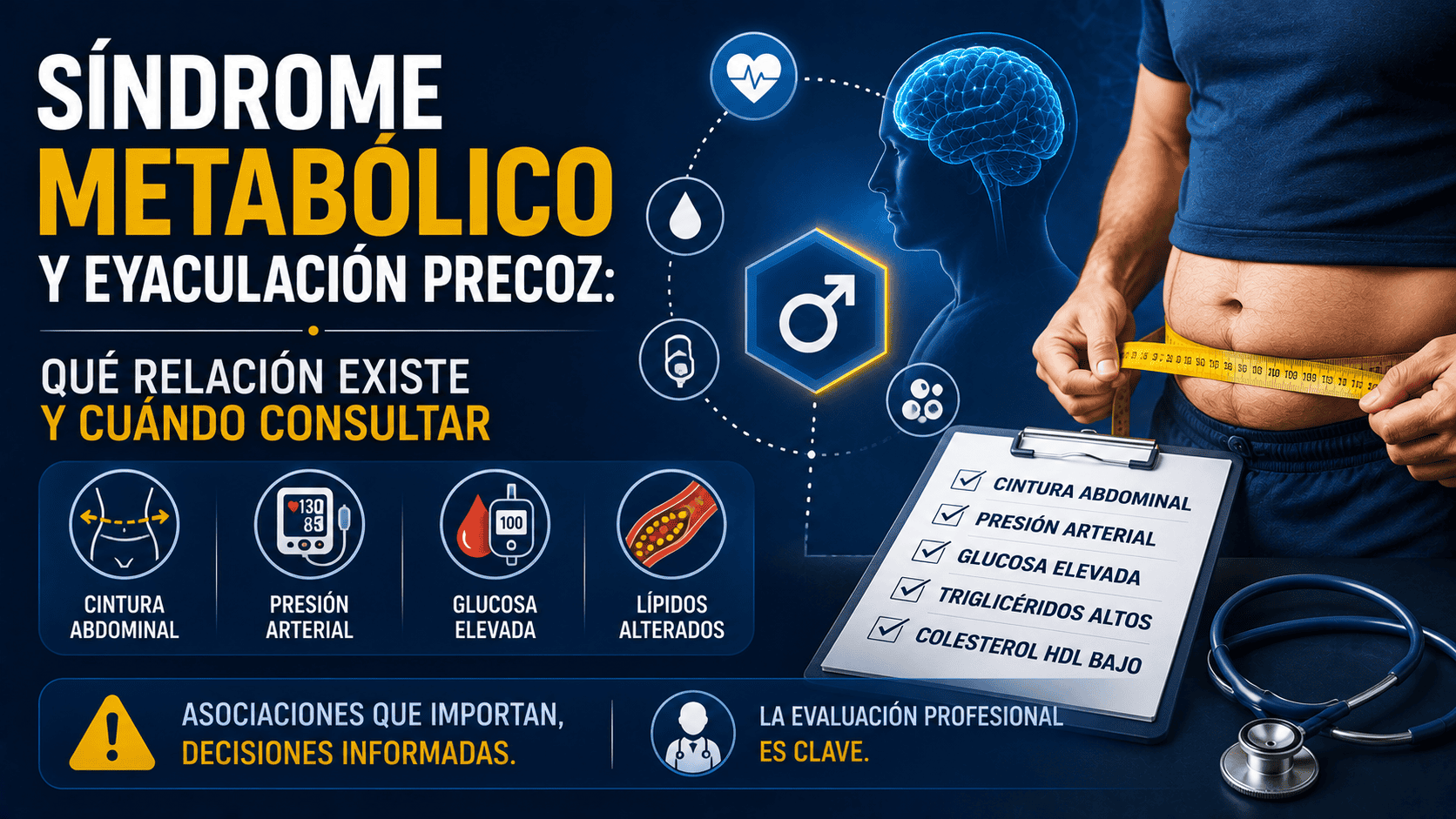 Imagen educativa sobre la asociación entre síndrome metabólico y eyaculación precoz, con factores como cintura abdominal, presión arterial, glucosa y lípidos