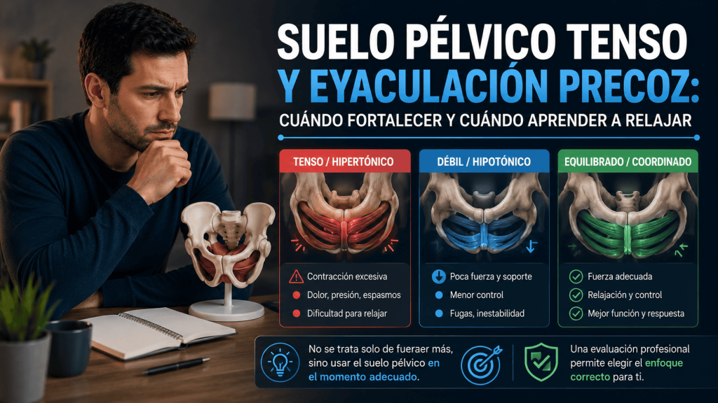 Hombre analizando la tensión, relajación y coordinación del suelo pélvico para el control eyaculatorio