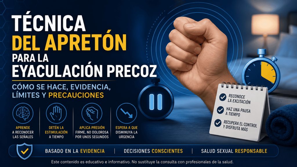 Imagen educativa sobre la técnica del apretón para la eyaculación precoz, basada en pausas, reconocimiento de la excitación y presión no dolorosa