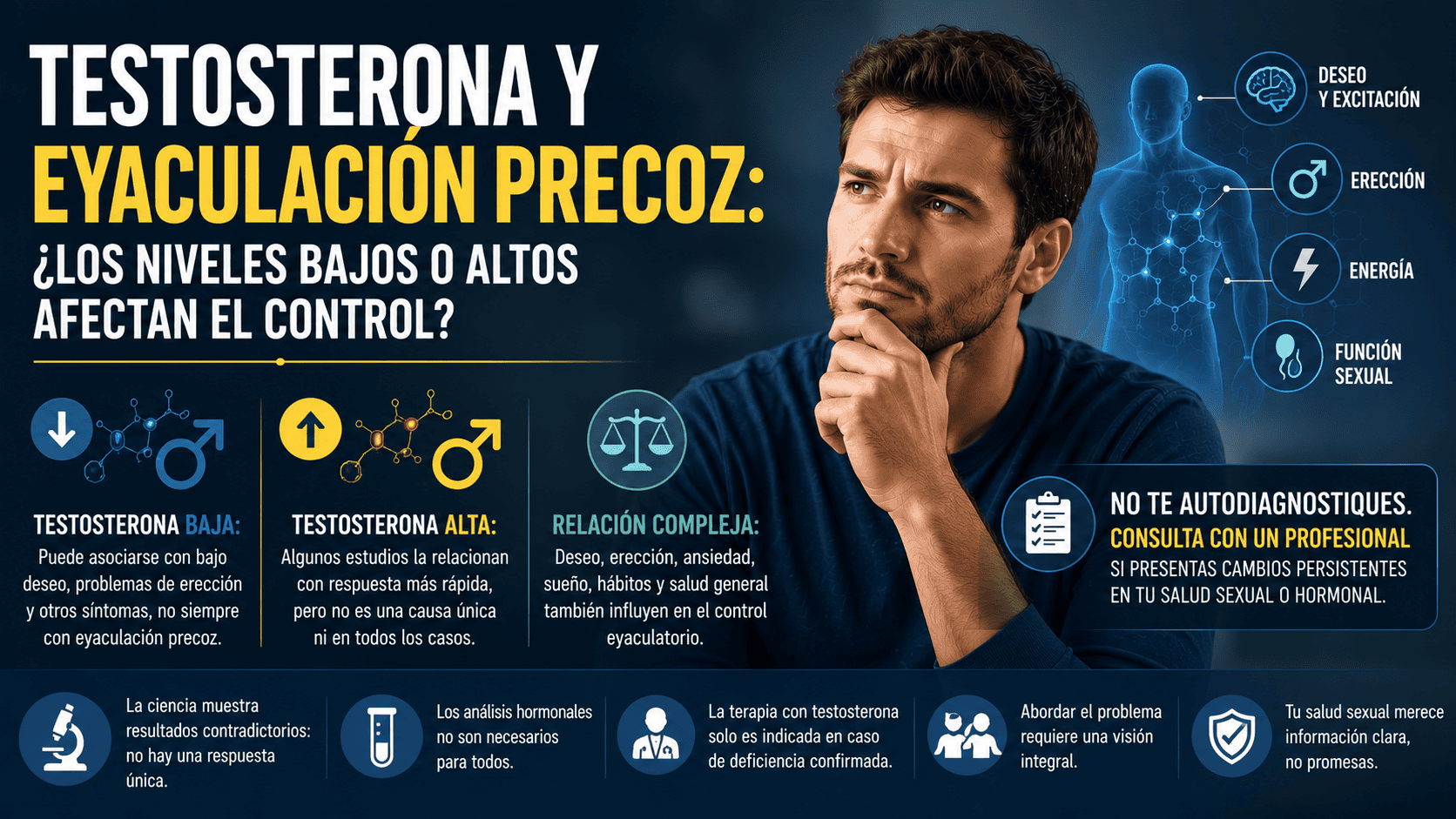Hombre reflexionando sobre la relación entre testosterona, función sexual y control eyaculatorio