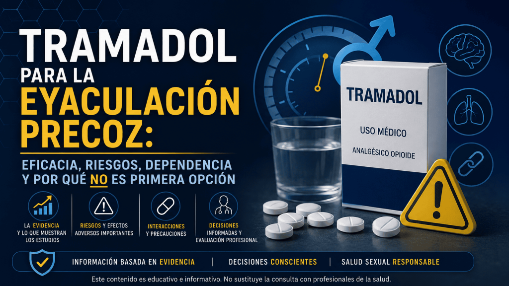 Imagen educativa sobre tramadol y eyaculación precoz, con énfasis en eficacia, riesgos, dependencia y evaluación profesional
